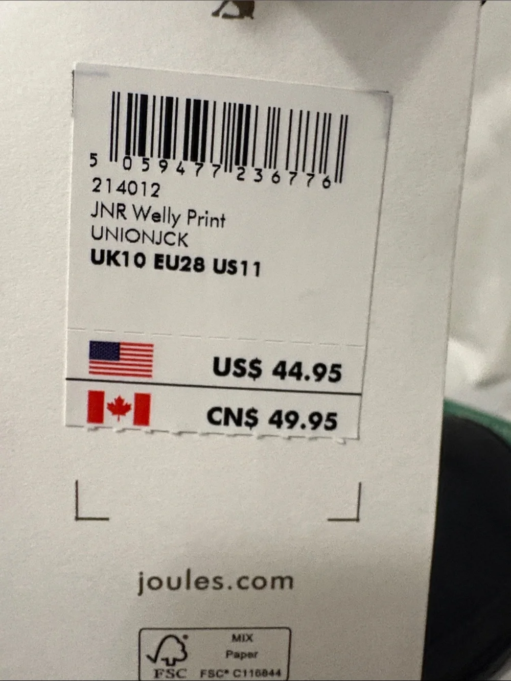Joules Kids Union Jack Rain Boots size US 11 NWT